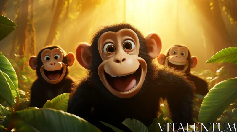 Joyful Chimpanzees in Lush Jungle - 3D Rendering AI Image