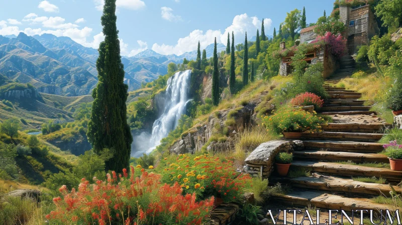 Majestic Waterfall in the Mountains | Serene Landscape AI Image