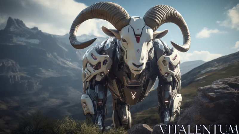 Mechanized Goat amidst Mountains - A Fusion of Natural and Artificial AI Image