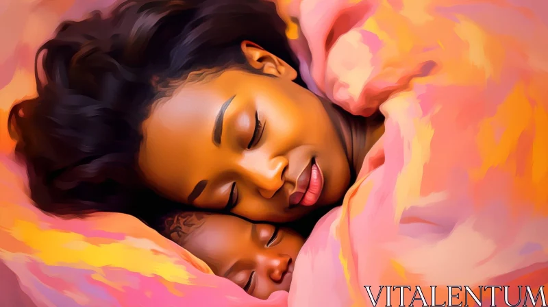 Mother and Child Sleeping Painting - Heartwarming Family Artwork AI Image