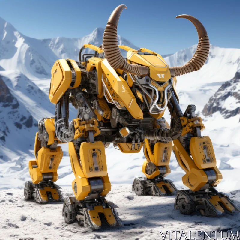 Mythological Robot in Snowy Mountain Landscape AI Image