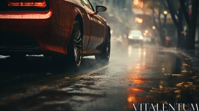 Red Sports Car Driving Through Wet City Street at Night AI Image