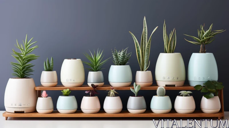 Succulent Plants Display on Wooden Shelf AI Image
