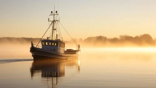 Tranquil Sunrise Scene: Fishing Boat on Calm Lake