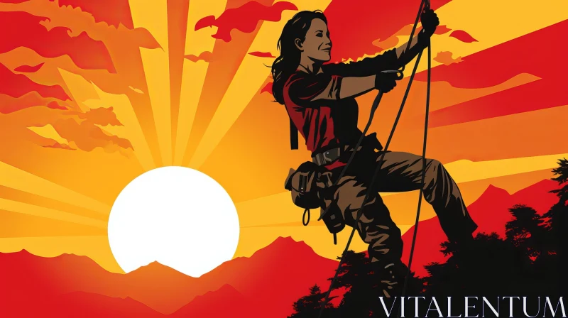 Woman Rock Climbing Vector Illustration at Sunset AI Image