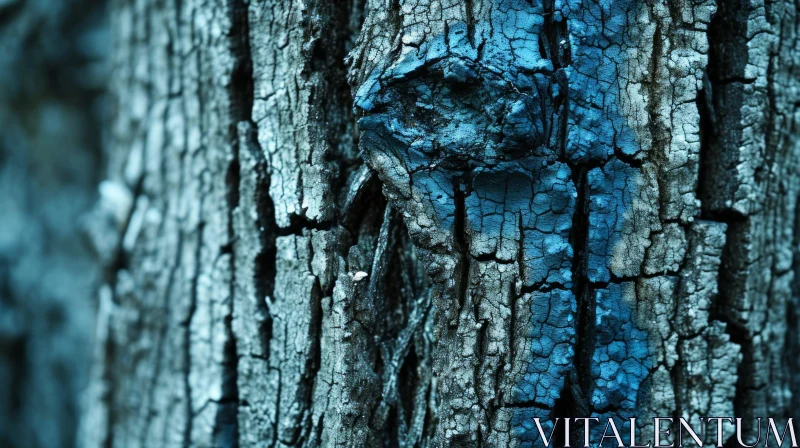 Aged Tree Trunk with Blue-Painted Cracks | Nature Photography AI Image