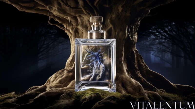 Blue Liquid Perfume Bottle in Enigmatic Forest Setting AI Image