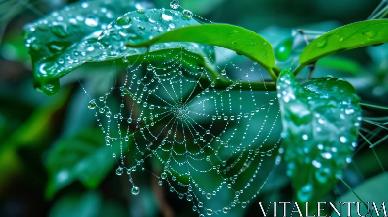 Close-up of Spider Web Covered in Dew with Green Leaves AI Image