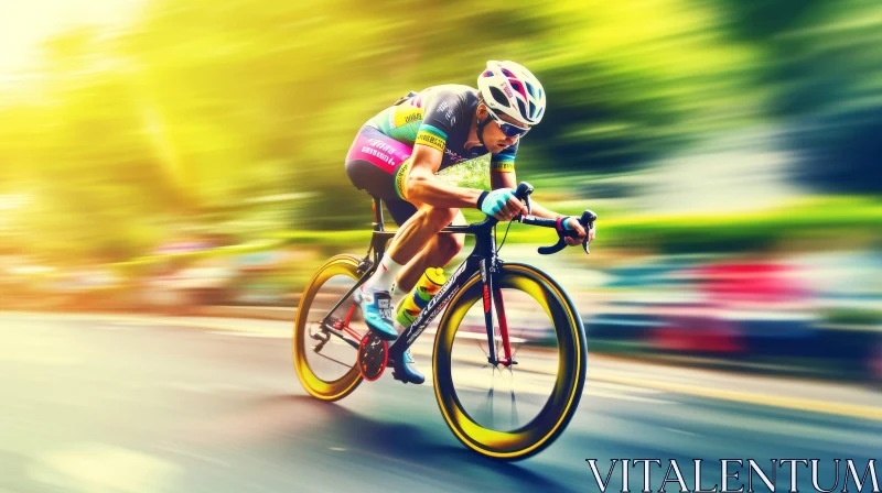 Colorful Cyclist Riding Bicycle on Asphalt Road AI Image