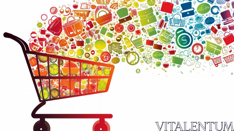 Colorful Shopping Cart Illustration with Food, Clothing, and Electronics AI Image