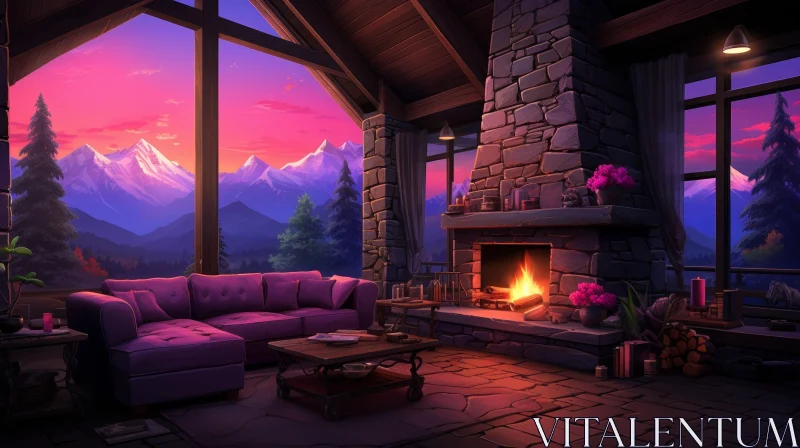 AI ART Cozy Living Room with Fireplace and Mountain View