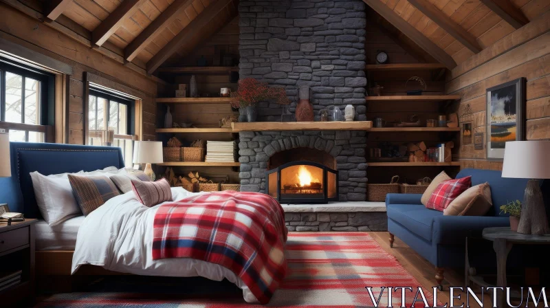 AI ART Cozy Rustic Bedroom with Fireplace