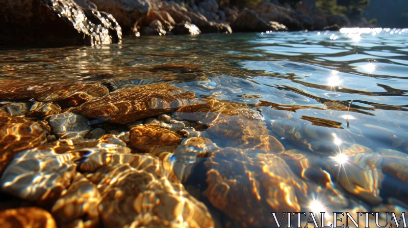 Crystal Clear Waters: A Serene Reflection of Sunlight AI Image