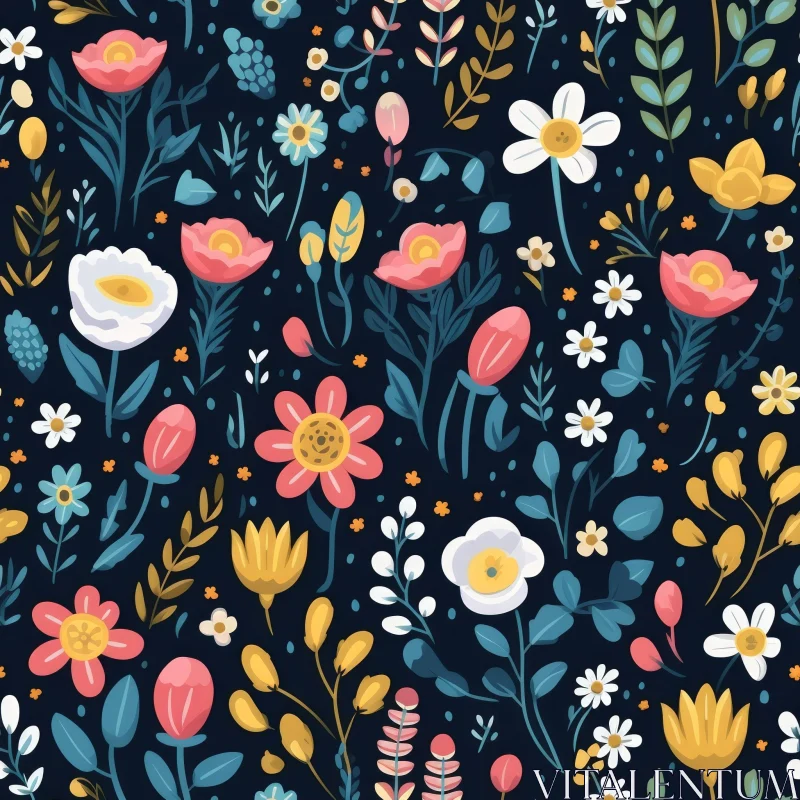 Dark Blue Floral Seamless Pattern AI Image