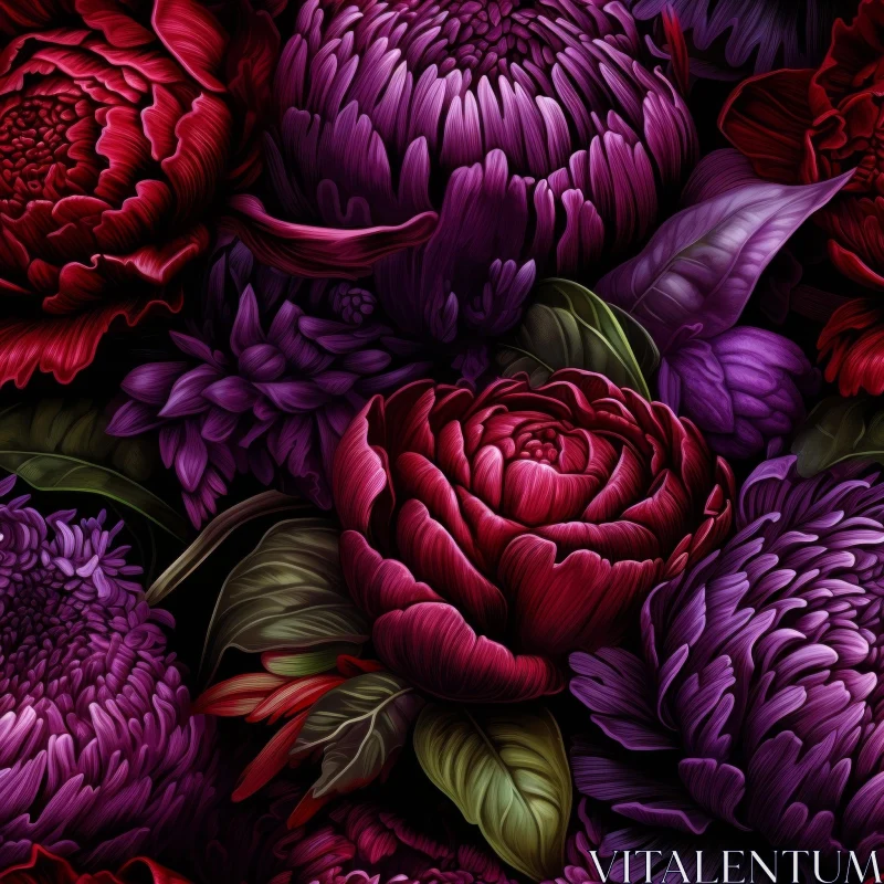 AI ART Dark Purple and Red Floral Pattern on Black Background