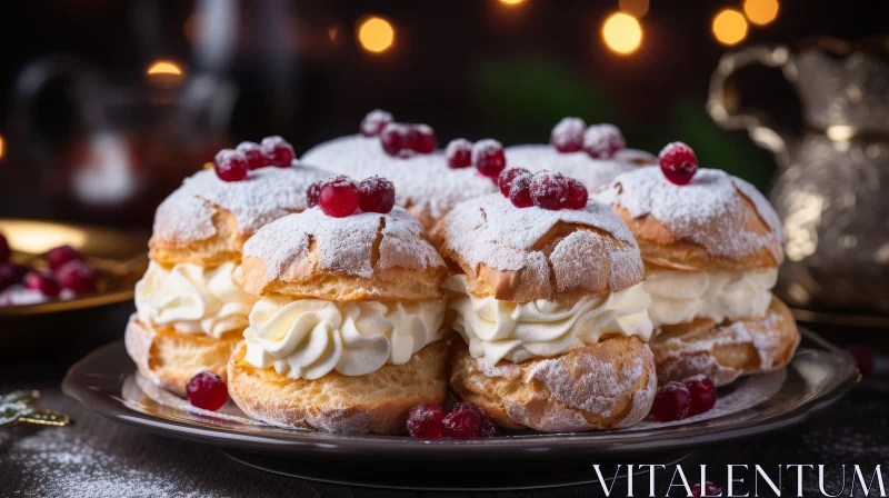 AI ART Delicious Cream Puffs with Sugared Cranberries on Brown Plate