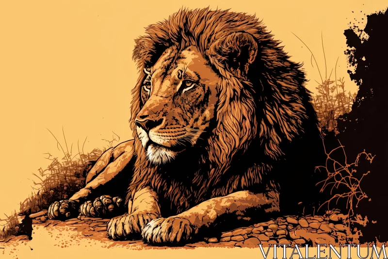 Detailed Comic Book Art of a Lion Resting in a Yellow Field AI Image