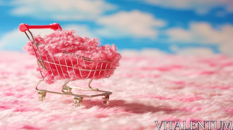Dreamy Pink Shopping Cart on Fluffy Surface with Blue Sky AI Image