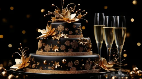 Elegant Three-Tiered Wedding Cake with Gold Decorations