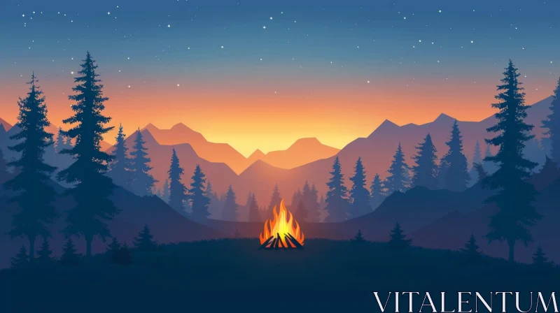 Enigmatic Forest Night Scene with Bonfire AI Image