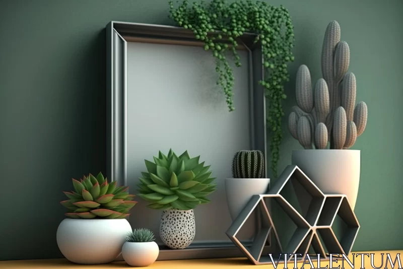 Hyper-Realistic Ceramic Cactuses and Plant Pots in a Silver and Green Frame AI Image