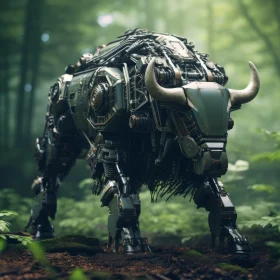 Mechanical Bovine Amidst Lush Forest - A Steelpunk Rendering