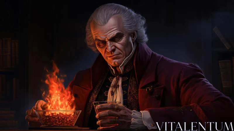 Old Man Portrait with Fire and Wine AI Image