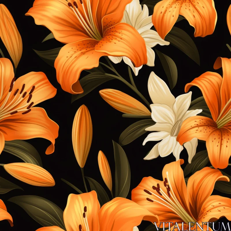 Orange and White Lily Seamless Pattern on Black Background AI Image