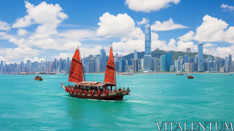 AI ART Red-Sailed Junk Boat in Hong Kong