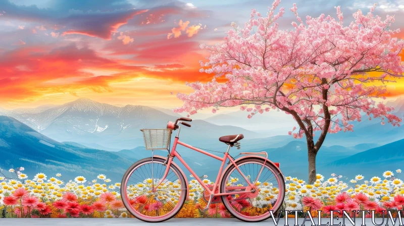 Serene Nature Landscape with Pink Bicycle and Cherry Blossom Tree AI Image
