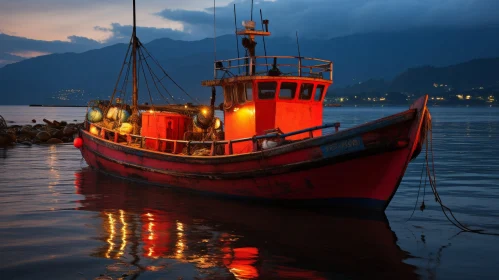 Serene Night Scene: Red Fishing Boat in Calm Sea