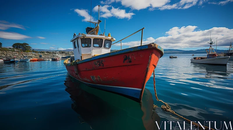 Tranquil Red and White Fishing Boat in Calm Harbor AI Image