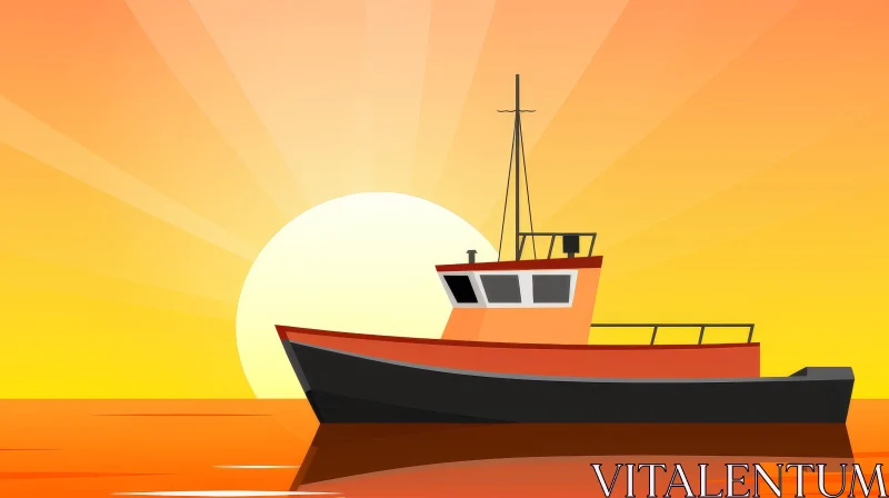 Tranquil Sunset Cartoon Boat on Calm Waters AI Image