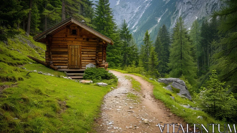 Wooden Cabin in Mountain Valley AI Image