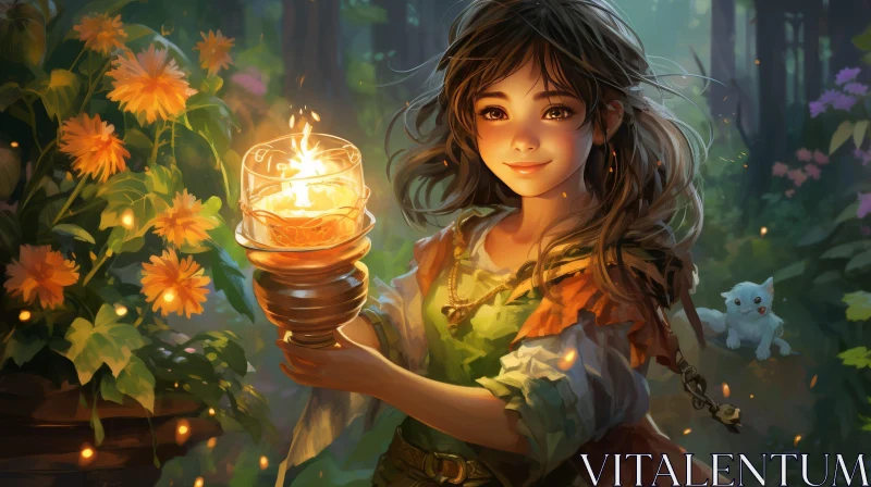 Young Girl with Candle in Enchanted Forest AI Image