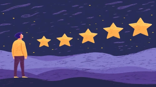 Cartoon Illustration of Person Stargazing on Hilltop