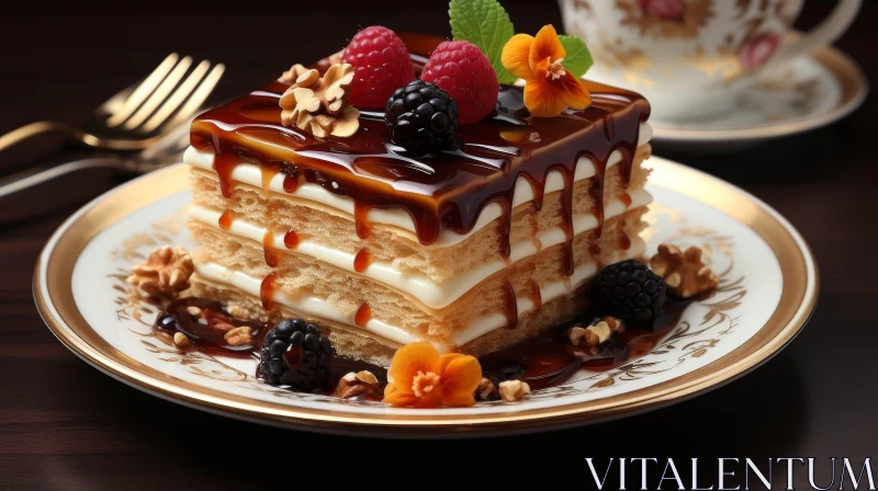 Decadent Cake Slice on White and Gold Plate AI Image