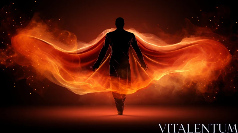 Enigmatic Figure with Fiery Cape AI Image