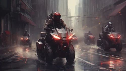 Futuristic Motorcycle Riders in Dark City - Digital Art