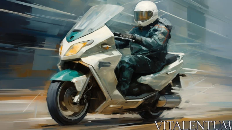 Man Riding White and Green Scooter Urban Scene AI Image
