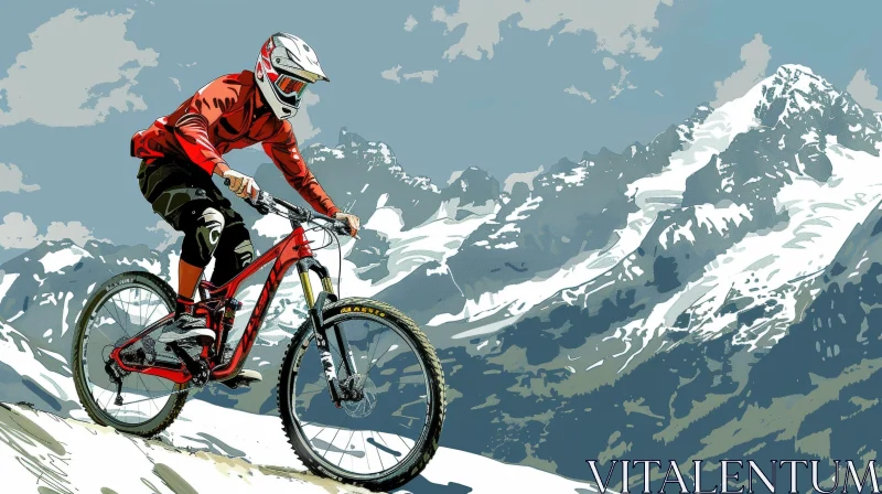 Mountain Biker Vector Illustration in Snowy Landscape AI Image