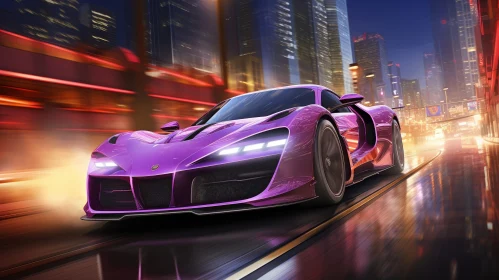 Night Drive: Purple Sports Car in Urban Landscape