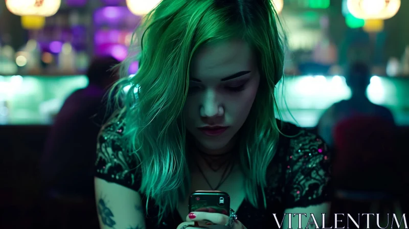 Pensive Woman with Green Hair in a Bar AI Image
