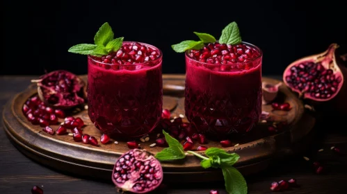 Pomegranate Juice with Mint on Wooden Table