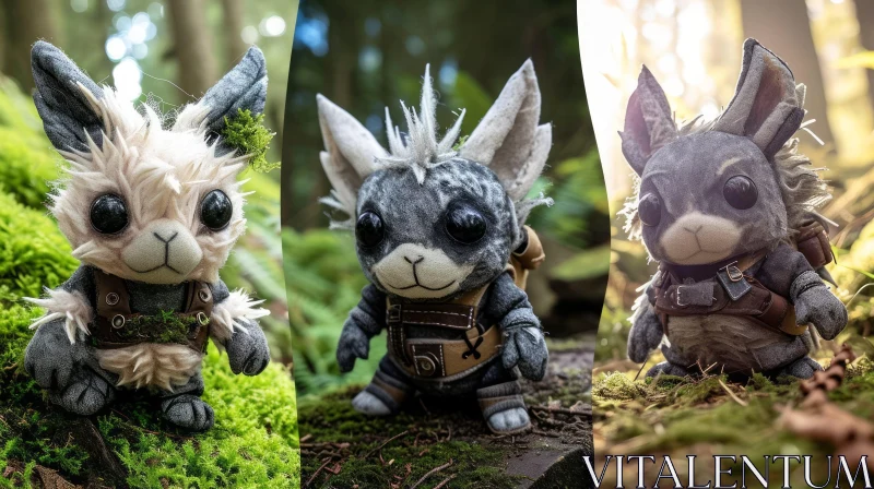 Realistic Plush Toy Triptych in Forest Setting AI Image