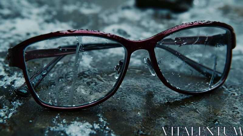 AI ART Red Glasses on Wet Stone Surface - Captivating Image