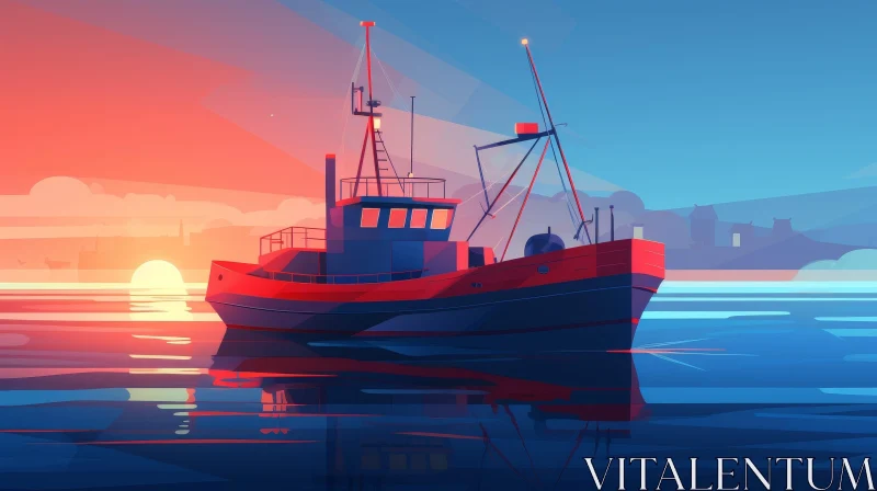 Serene Fishing Boat at Sea Illustration AI Image