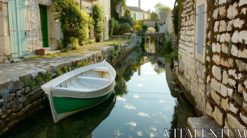 Tranquil Urban Canal Scene with Boat AI Image