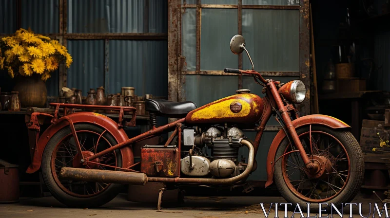 Vintage Motorcycle in Rusty Garage with Yellow Flowers AI Image