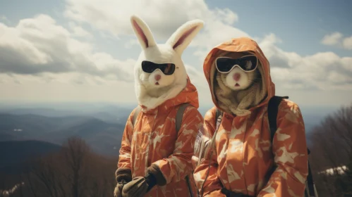Whimsical Mountain-top Scene with Two Figures in Rabbit Costumes
